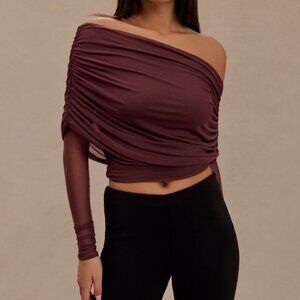 Everly Sheer Mesh Off Shoulder Top - Mahogany